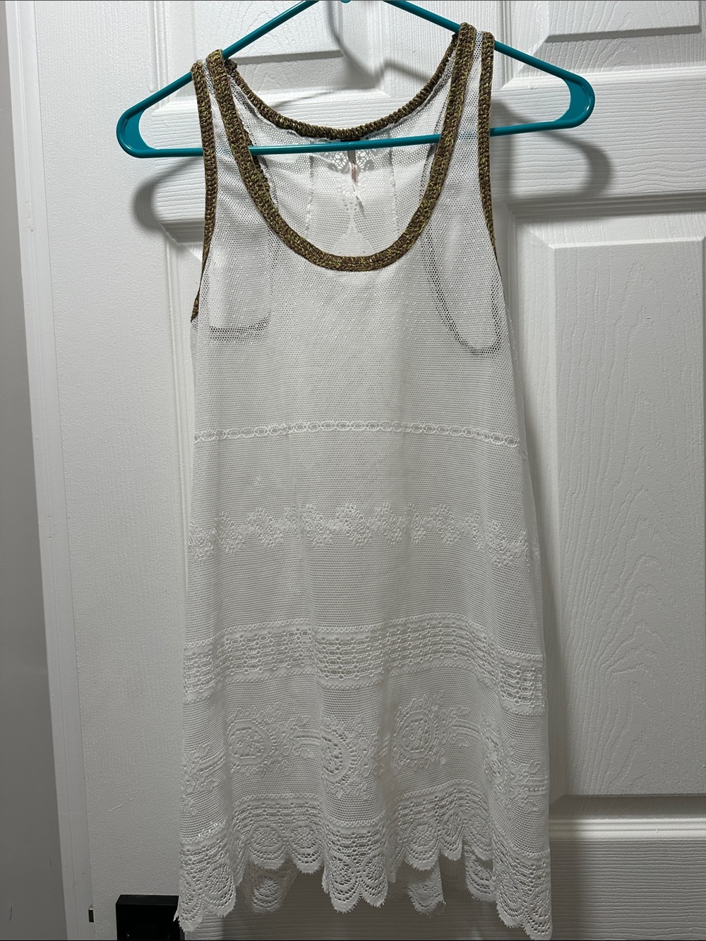 Free People White Lace Crochet Tank with Gold Trim can be used as cover up